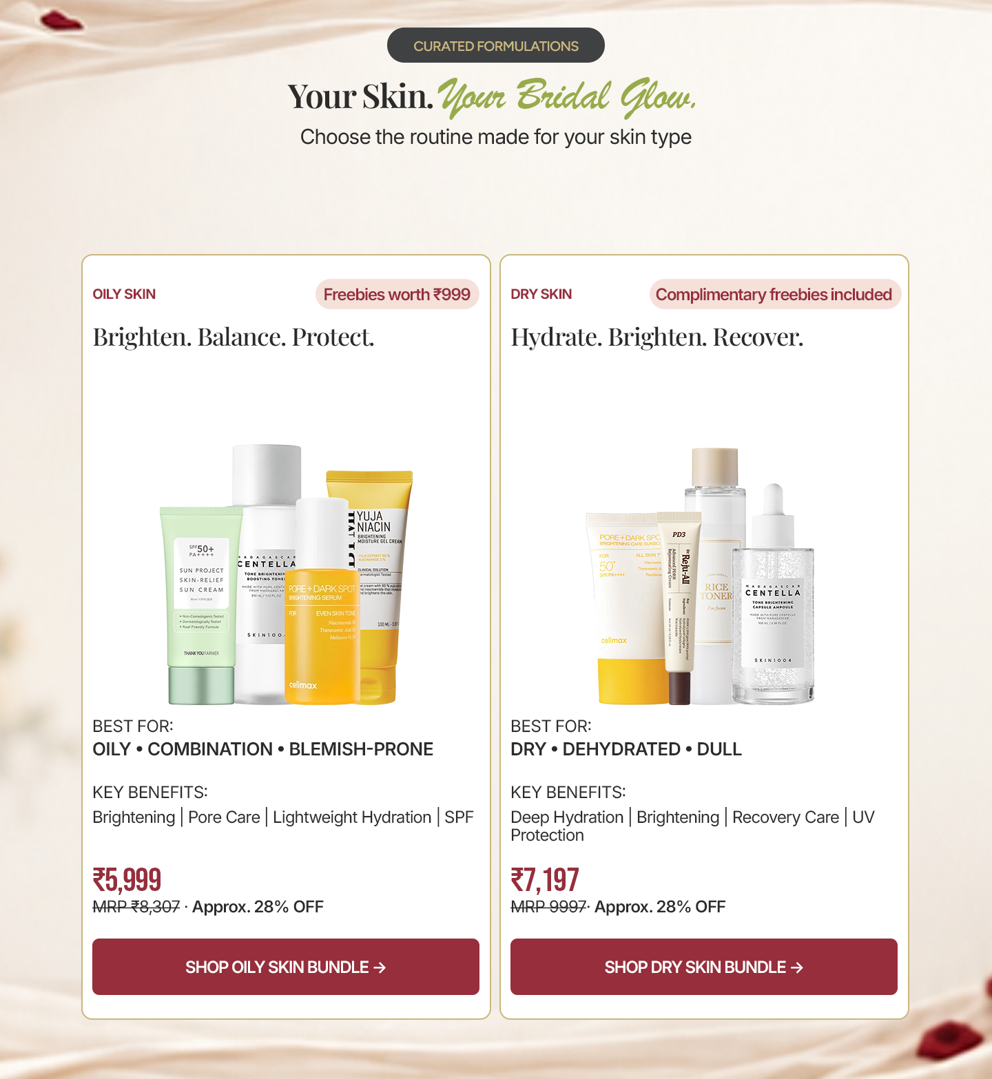 Choose a Beauty Barn bridal glow routine for oily, combination, blemish-prone, dry, dehydrated or dull skin