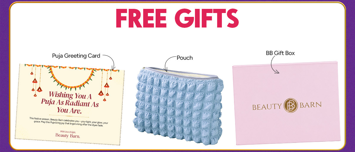 Free gifts: Puja greeting card, makeup pouch and Beauty Barn gift box