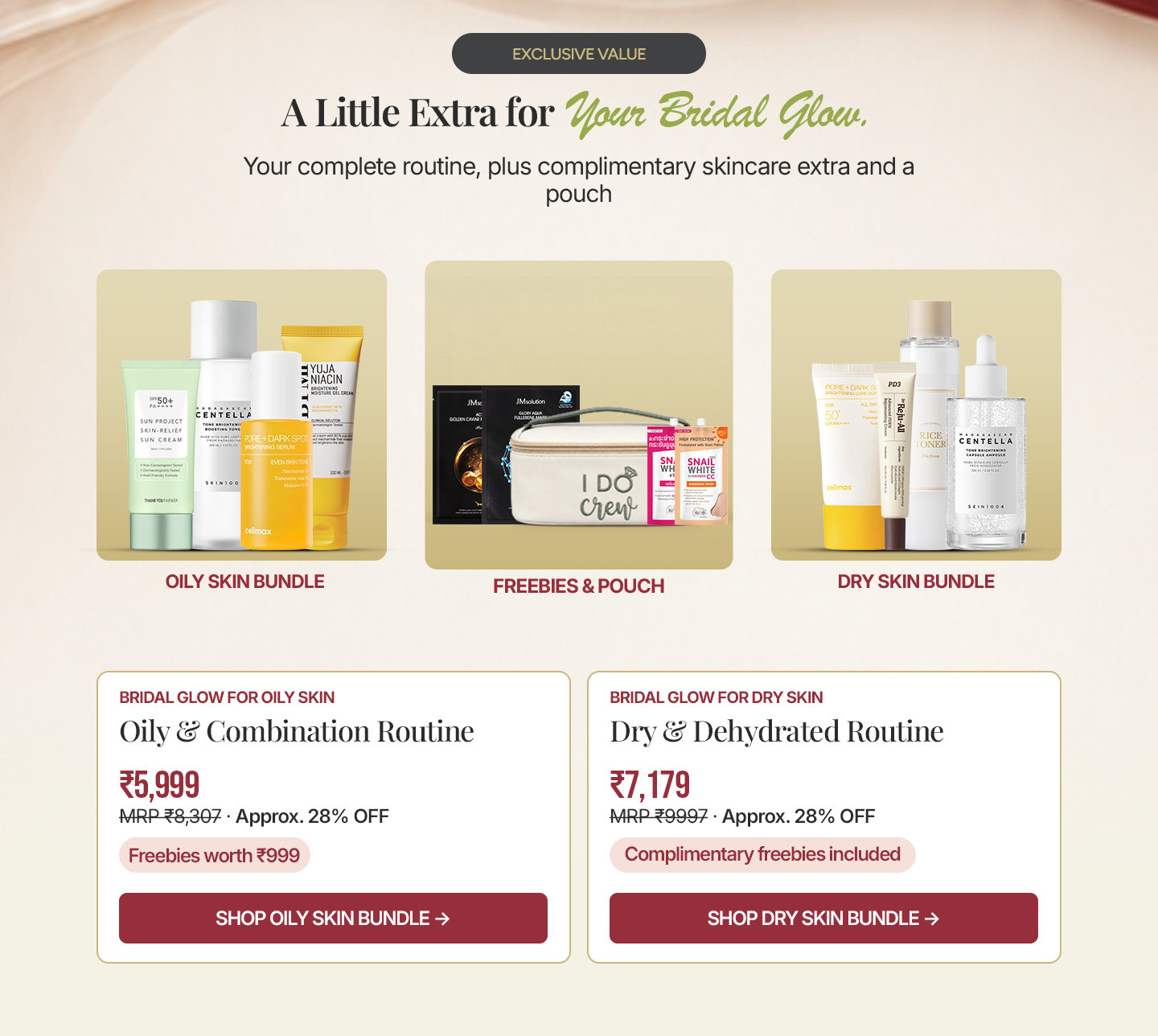 Beauty Barn Bridal Glow oily and dry skin bundles with complimentary skincare freebies and pouch