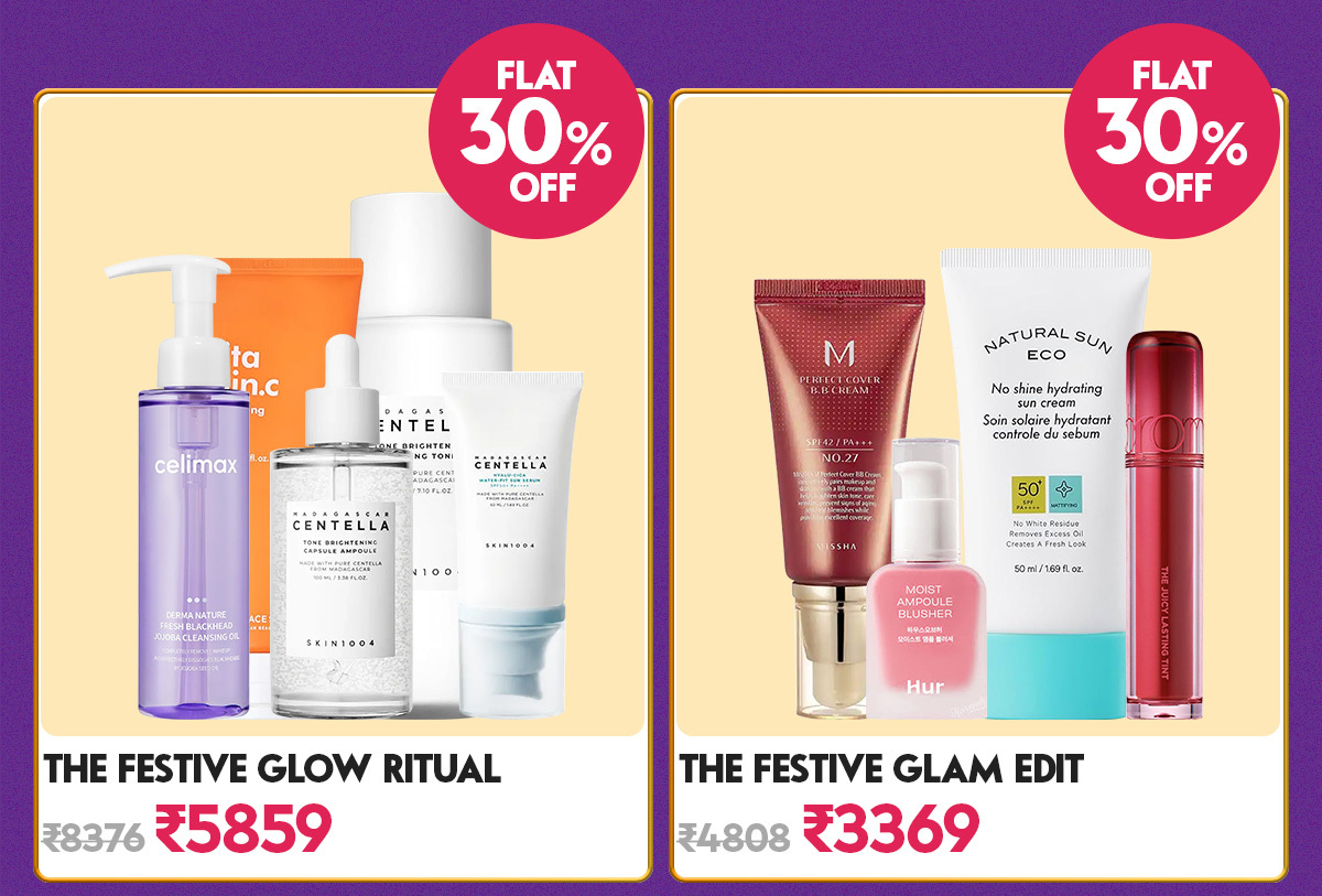 The Festive Glow Ritual skincare bundle and The Festive Glam Edit makeup bundle, both with festive discounts