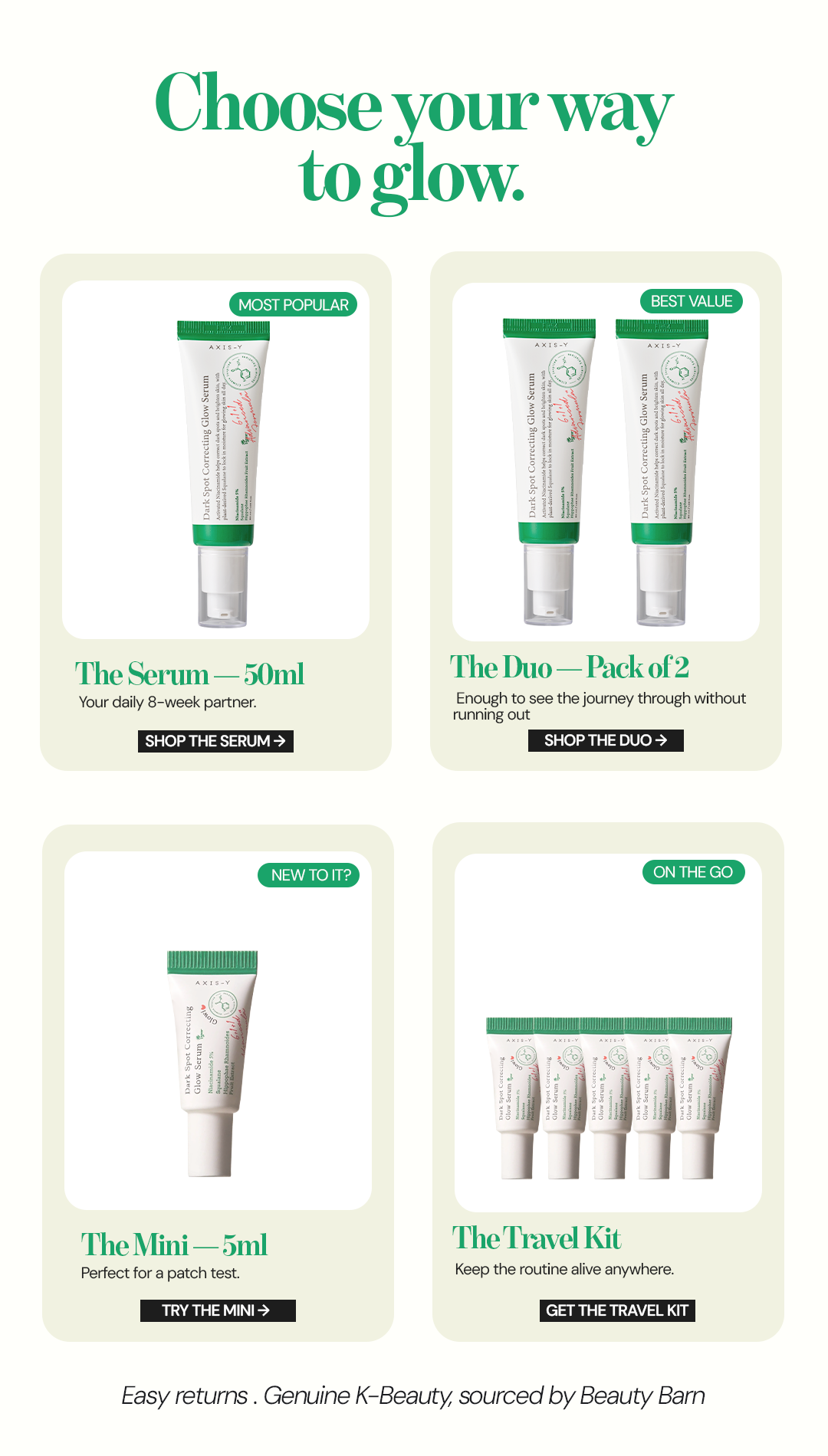 Choose between AXIS-Y Dark Spot Correcting Glow Serum 50ml, pack of two, mini 5ml or travel kit