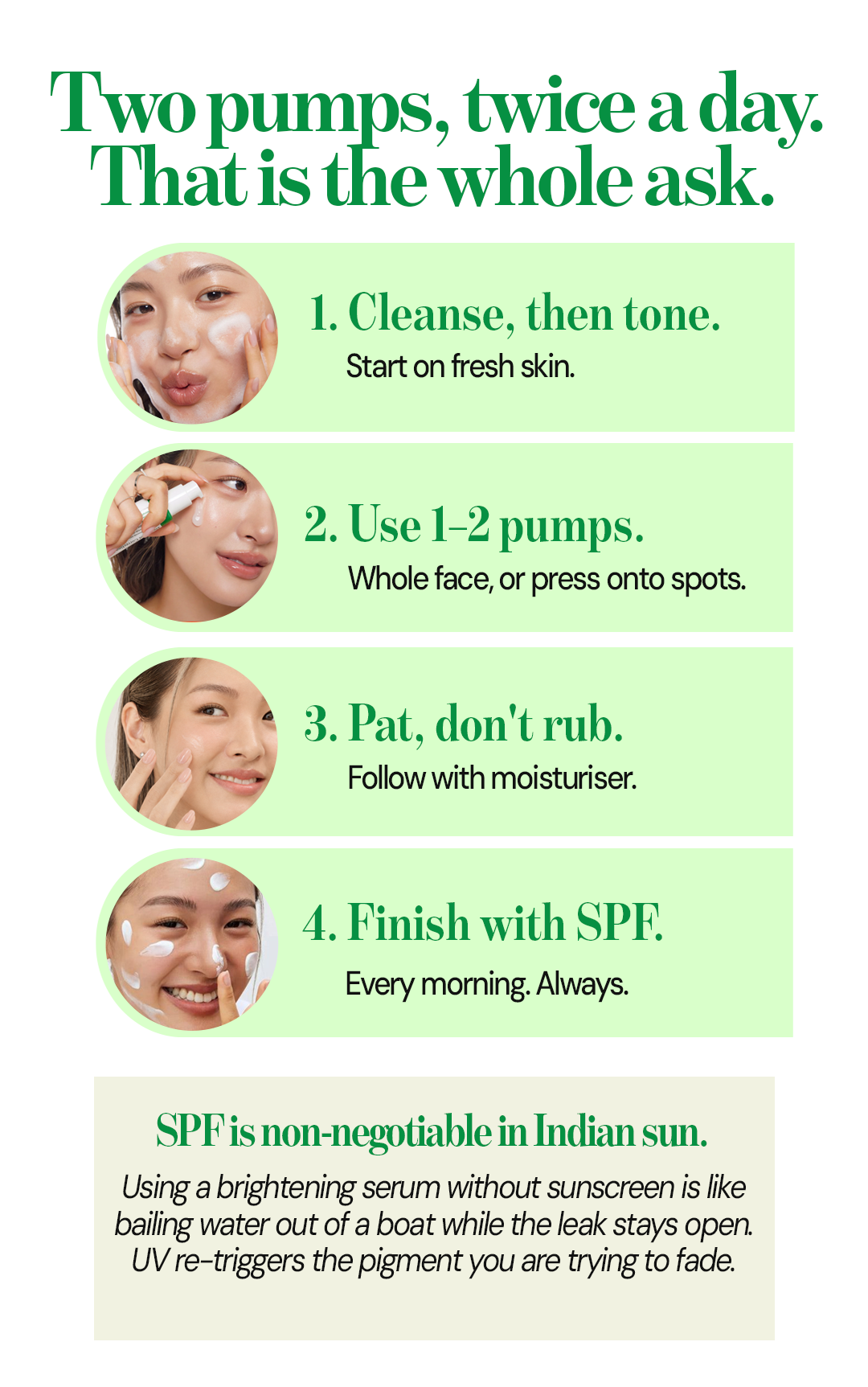 How to use AXIS-Y Dark Spot Correcting Glow Serum with one to two pumps followed by moisturiser and sunscreen